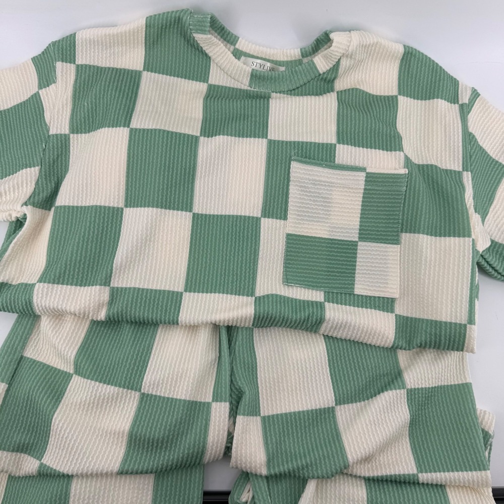 Women's Small Sage Green Checkerboard Waffle Knit 2 Piece Lounge Set NEW - Picture 2 of 9